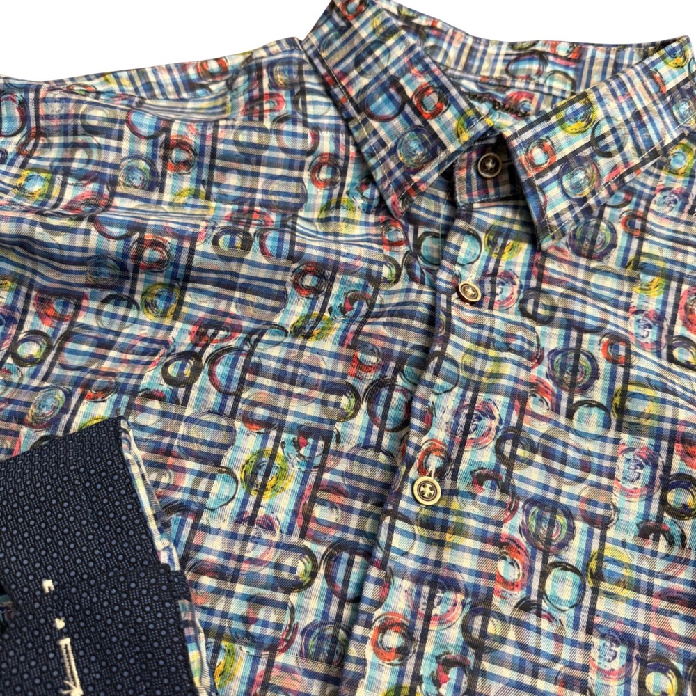 Luchiano Visconti Black Mens 2XLT Blue Plaid Geometric Abstract Button Down